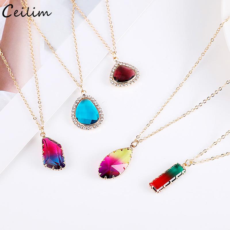 

2020 New Geometric Crystal Statement Pendant Necklace Gold Color Short Chain Diy Glass Charm Necklace for Women Fashion Jewelry