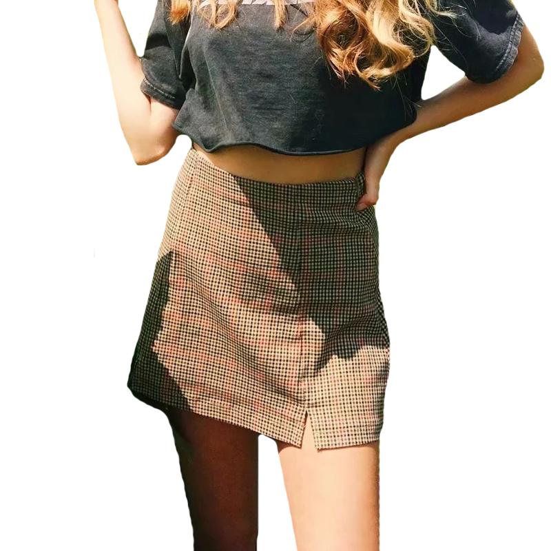 

CUHAKCI Side Split Skirts Women Plaid A-Line Khaki Miniskirt Zipper High Waist Print Cotton Bottom Streetwear Sexy Skirt