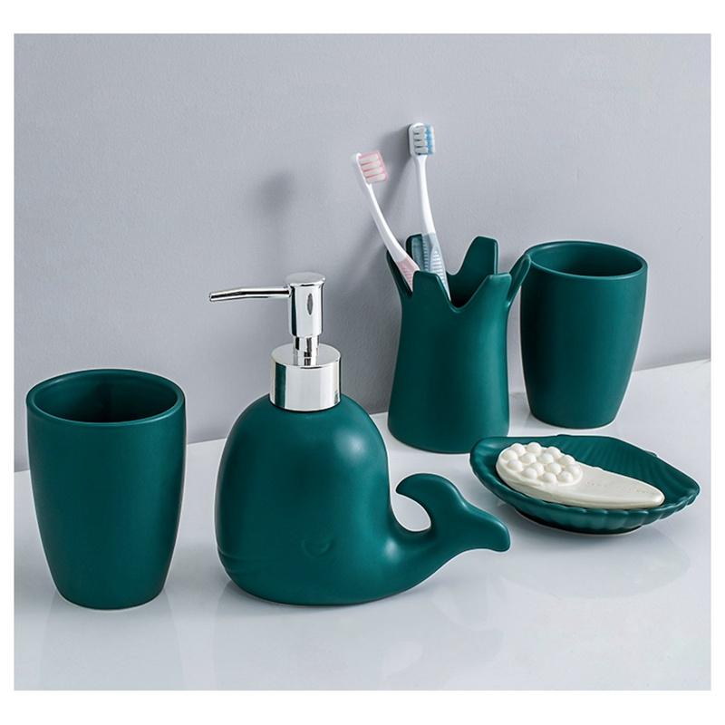 

Bathroom Ceramic Five-piece Set Whale Dolphins Shape Wash Supplies Kit Rinsing Cup+ Toothbrush Holder + Lotion Bottle+Soap Dish