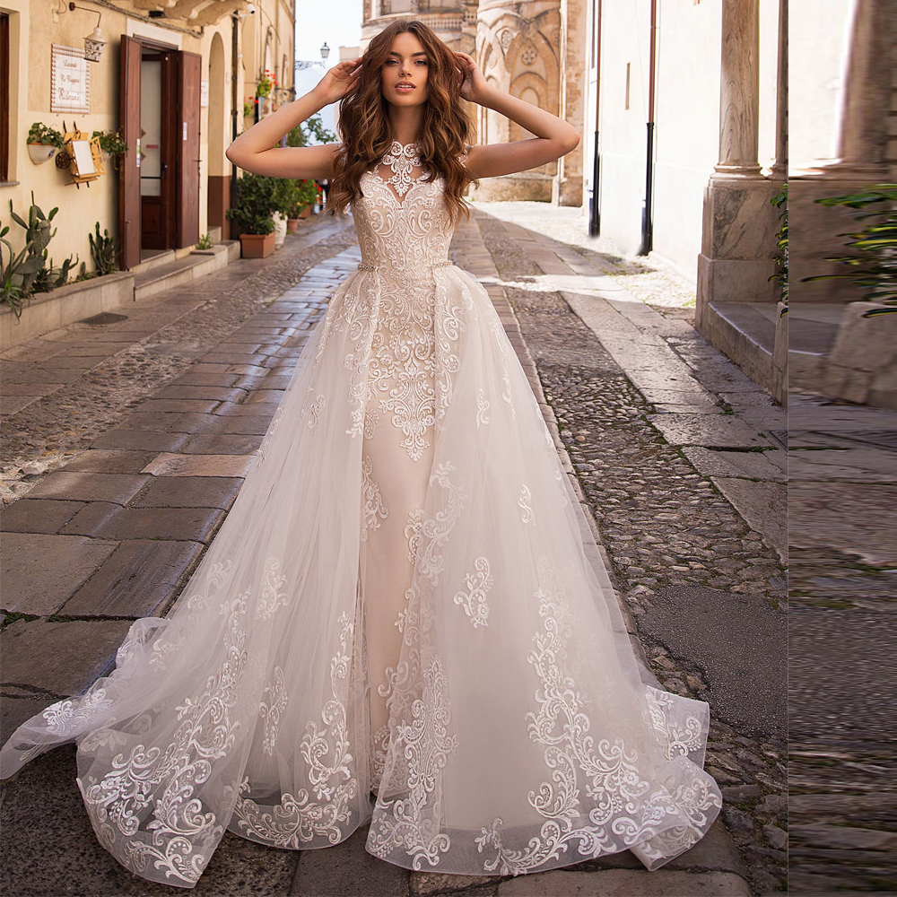 

2021 New Dubai Luxury Mermaid Detachable Skirt Apply Tulle Button Come Wedding Dress Mariage ZLE7, Ivory