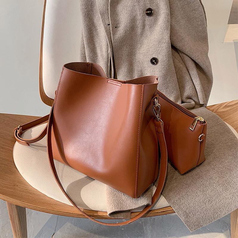 

2in1 Fashion Bag 2021 New High-quality Shoulder Handbags Cross-body All-match Tote Bag Bucket Width: 26cm, Coffee