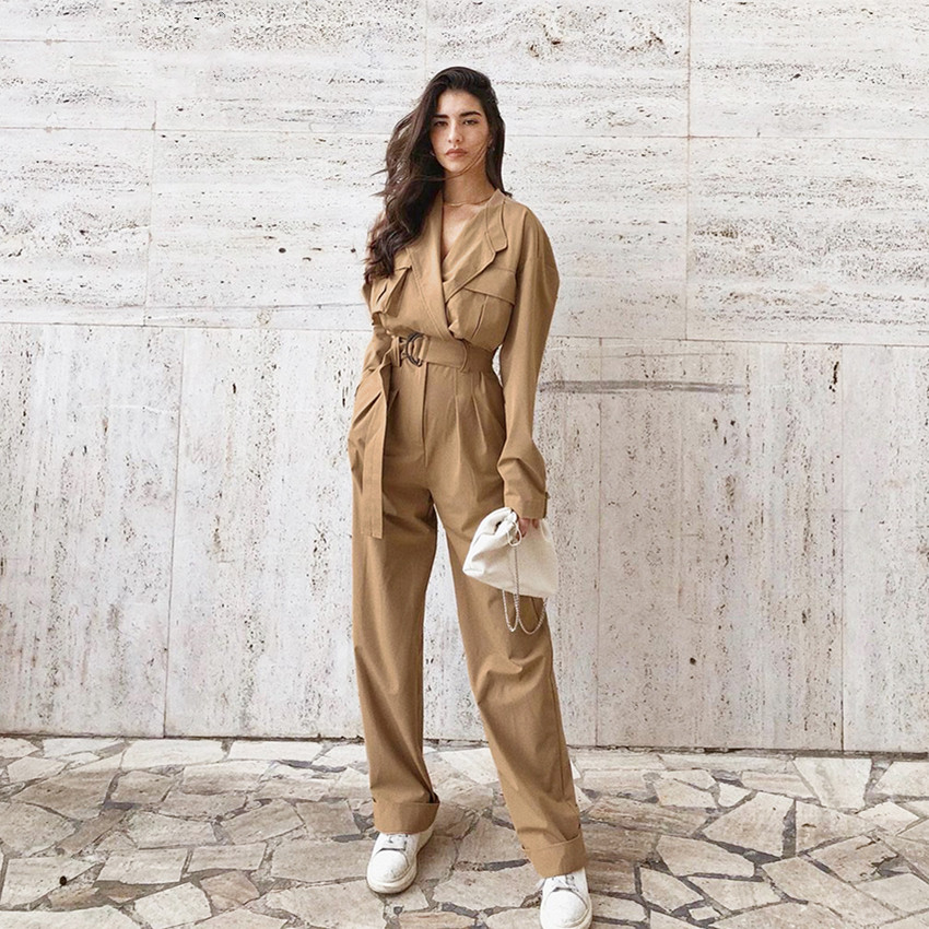 

Women' Jumpsuits & Rompers Women One Piece Jumpsuit High Waist Autumn Womens Clothing 2021 Khaki Overalls Trousers Female Pockets Lapel