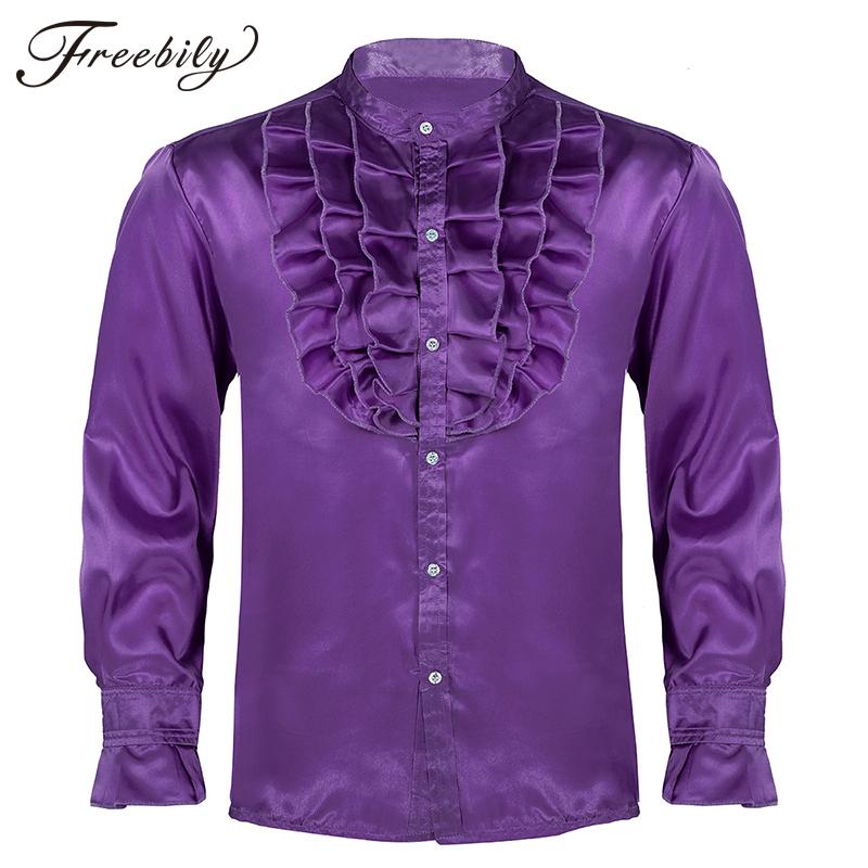 

New Mens Silk Satin Vintage Wedding Tuxedo Shirts Long Sleeve Front Ruffled Button Down Slim Fit Gothic Shirt Male Chemise Homme, Black