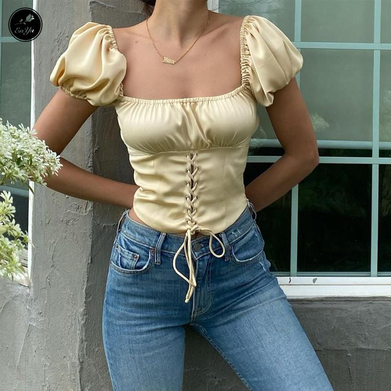 

Enyu -L 2021 Summer Sexy Women White Khaki Solid Tops Puff Short Sleeve Square Collar Brawstring Slim Tops Young Sweet Sexy Top