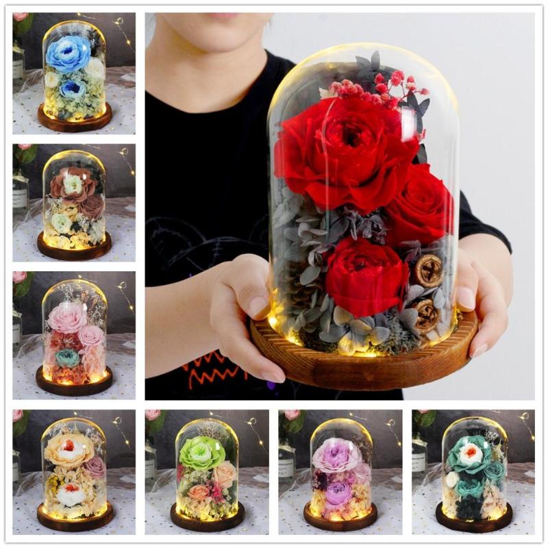 

Preserved Rose Valentines Day Gift Glass Dome Rose with Lighting Real Flower Home Decor Wedding Valentine Christma, 74