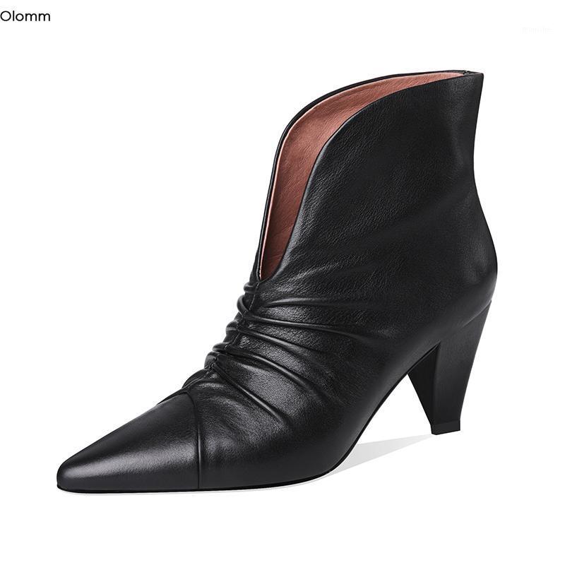 

Olomm Women Leather Ankle Boots 6.8 cm Spike Heel Boots Chic Pointed Toe Elegant Black Red Beige Party Shoes Women US Size 4-8.51, D1978 red