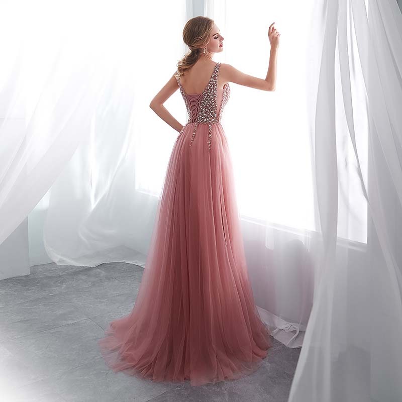 

Beading Evening Dress 2020 V-Neck Pink High Split Tulle Sweep Train Sleeveless Prom Gown A-line Lace Up Backless Vestido De LJ201224, Same as picture