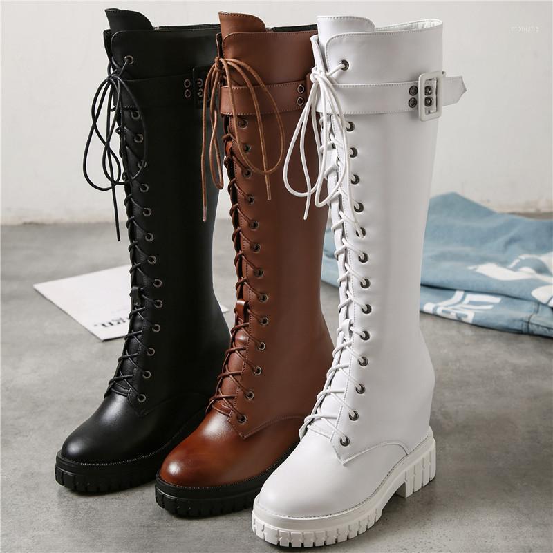 

Western Style Thick Bottom Iternal Increase Knee-High Boots Cross-Tied Belt Buckle Zip Platform Women Shoes Botas Feminina1, Brown