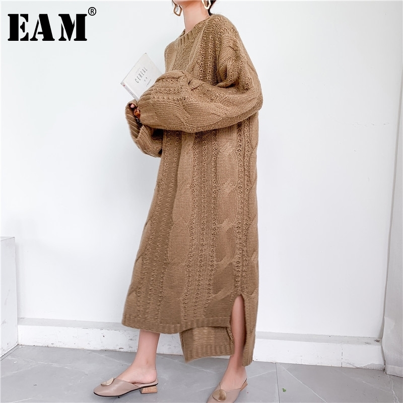 

[EAM] Long Big Size Knitting Sweater Loose Fit Round Neck Long Sleeve Women Pullovers New Fashion Tide Autumn Winter 1Y168 201201, Khaki
