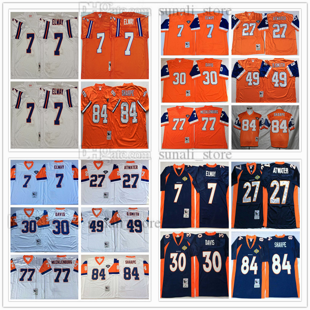 

NCAA Football 7 John Elway Jerseys 27 Steve Atwater 30 Terrell Davis 84 Shannon Sharpe 49 Dennis Smith 77 Karl Mecklenburg Team Orange Blue White Men Vintage Stitched