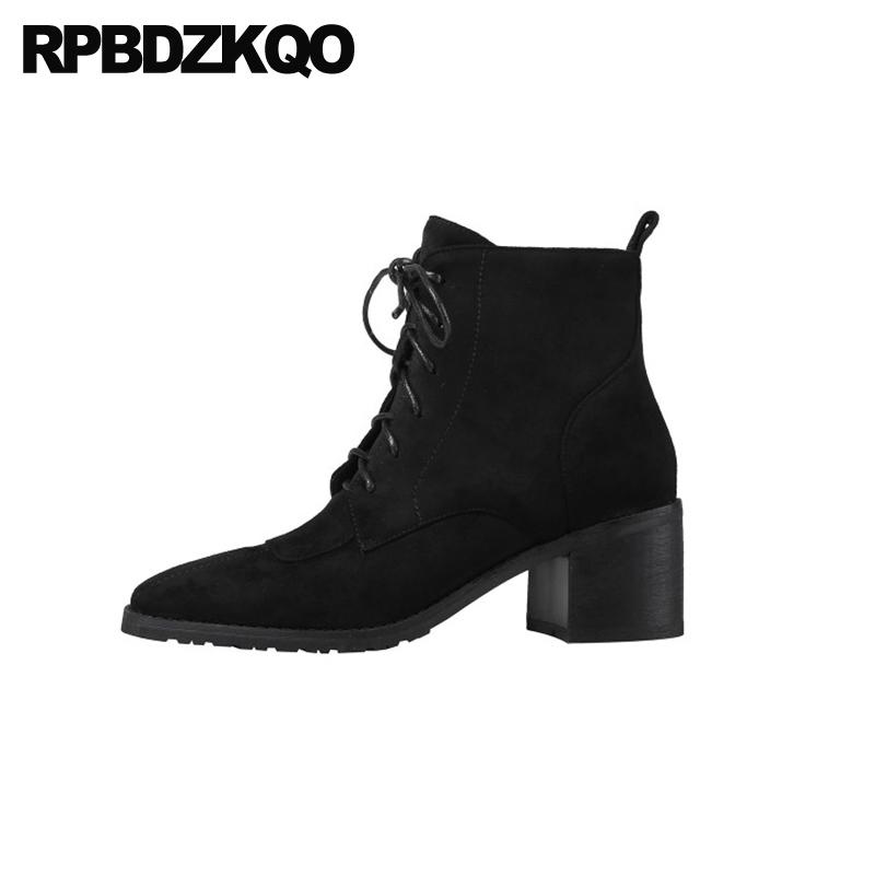 

sheepskin genuine leather shoes fall booties luxury black 2020 front lace up casual ankle boots autumn chunky square toe women