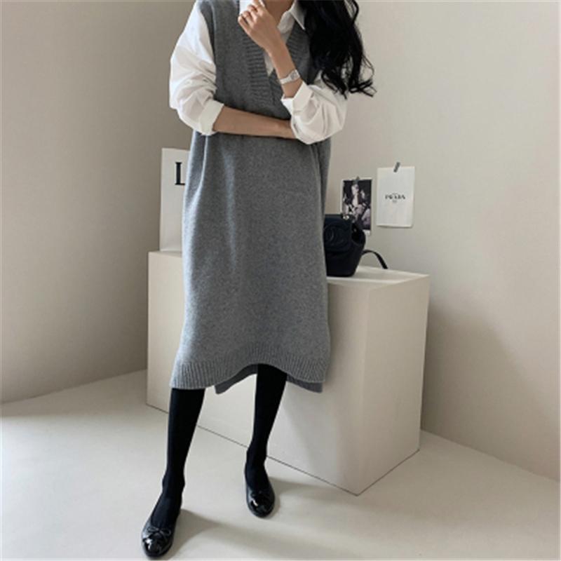 

RUGOD Vintage Woman Thicken Jersey Dress Korean Casual V-Neck Solid Sleeveless Vest Vestidos Side Split Mid-Calf Kint Robe YYQX9, Khaki