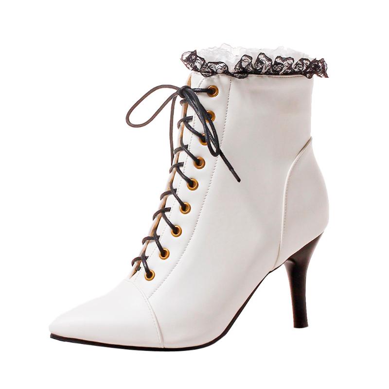 

SAGACE Design Elegant Ruffles Bride Wedding Boots White Lace Up Side Zipper Stiletto High Heels Ankle Boots Women Shoes Fashion, Black