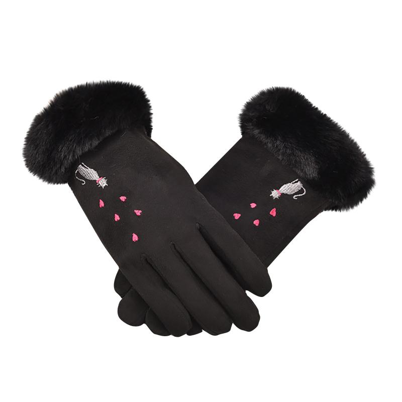 

Female Gloves Leather Gloves Girls' Suede Warm Cute K-itten Pattern Index Finger T-ouch Screen Solid Color Mittens #YJ