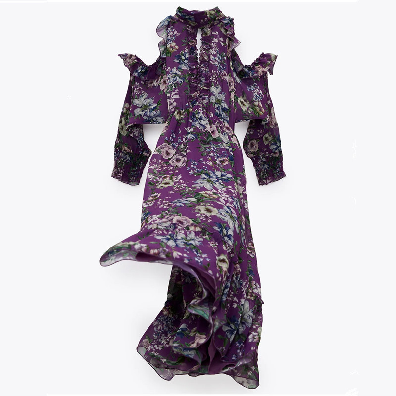 

2021 New Purple Chiffon Floral Print Women High Neck Long Sleeve Off Shoulder Ruffle Maxi Dress Woman Backless Dresses L2pm