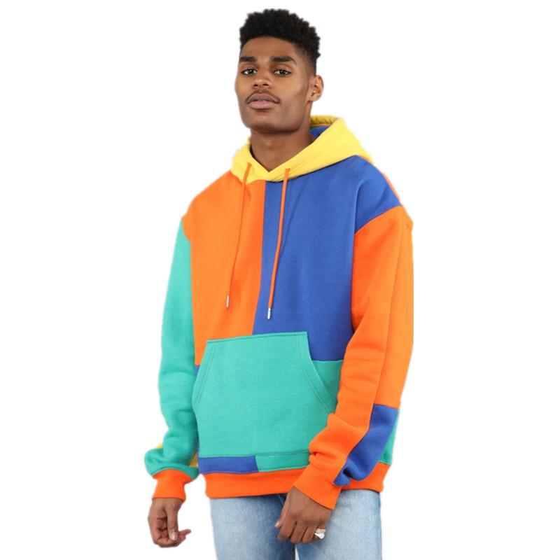 

Men Hooded Sweatshirts Colorful Patchwork Long Sleeve Pullovers Pockets Fashion Streetwear Personality Mens Hoodies, Orange