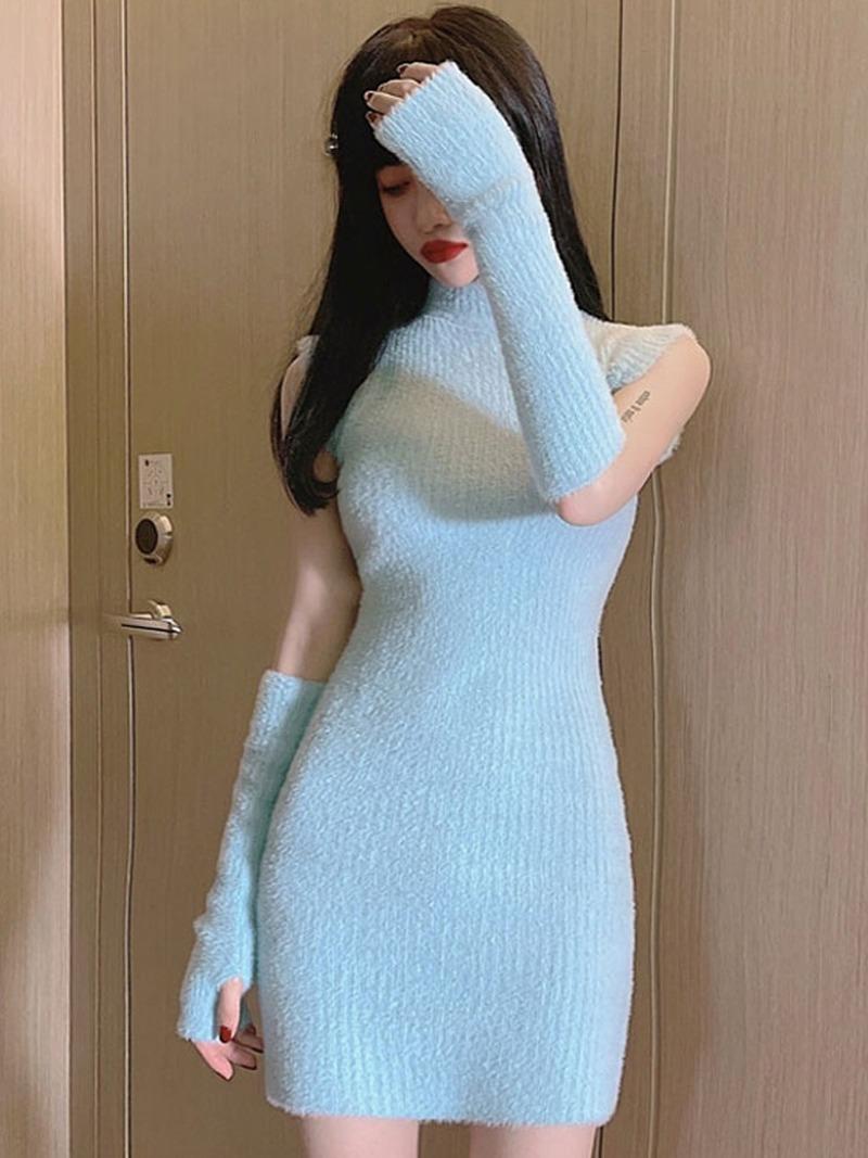 

Casual Dresses Autumn Sweet Sexy Wrap Hip Blue Half Turtleneck Sweater Dress Women Mini Vestidos Korean Temperament Wild Solid Knit, Black;gray