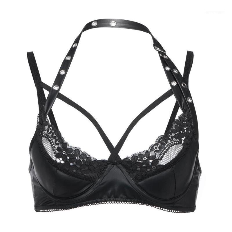 

Sexy Steampunk Bra Women Lace Open Bust Halter Bras Vinyl Leather Push Up Bralette Erotic Lingerie Underwear Female Bras Costume1, Black