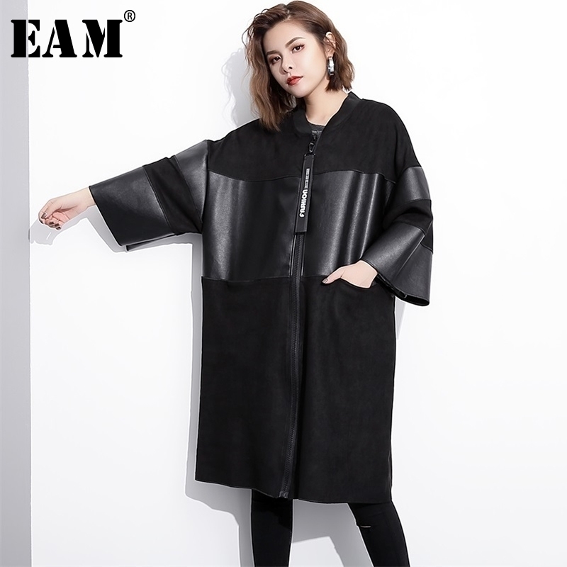 

[EAM] Loose Fit Black Pu Leather Spliced Big Size Jacket New Stand Collar Long Sleeve Women Coat Fashion Autumn JC2530 201120
