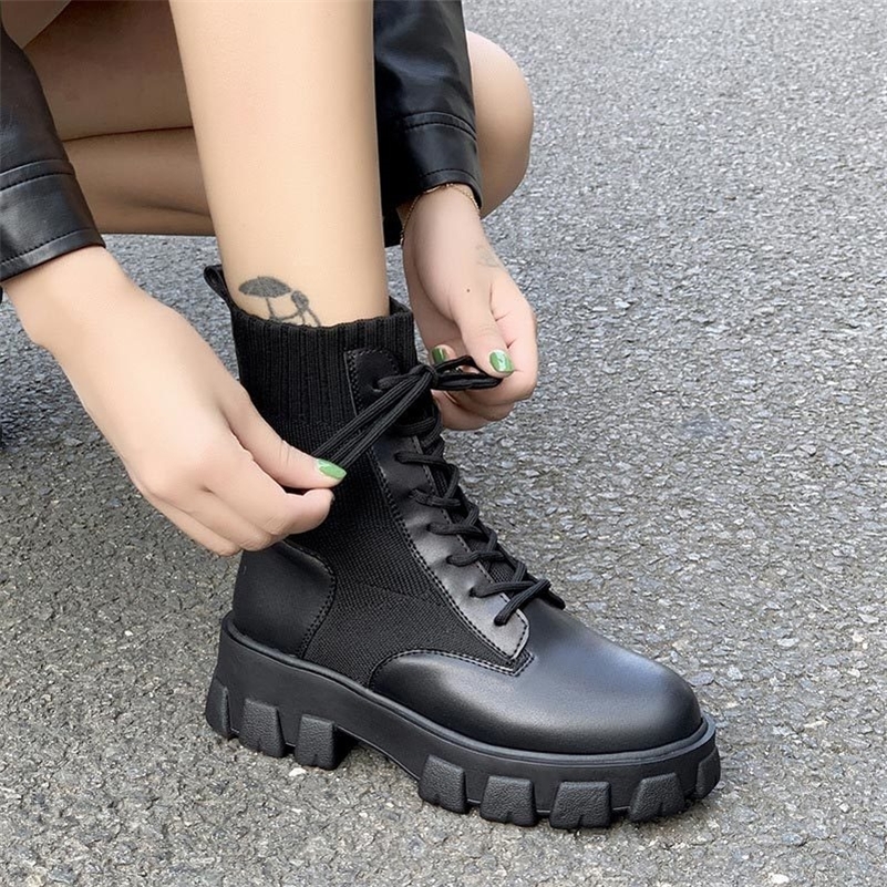 

Women Army Combat Ankle Boots Woman Shoes Casual Lace Up Gothic Black Sock Platform Leather Boots Fashion Botas Mujer 2020 New Y200723