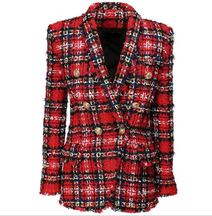 

for christimas Newest 2021 Designer Jacket Women' Double Breasted Shawl Collar Tassel Fringed Plaid Tweed red & black Blazer, As pic