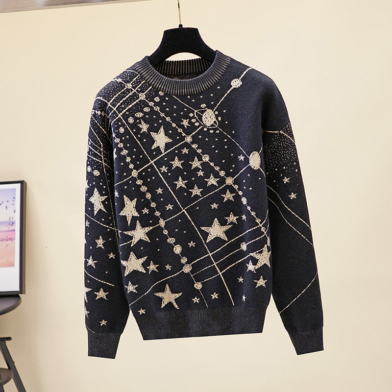 

2021 New Retro Galaxy Star Pattern Sweater Women Vintage Long Sleeve Jumpers Autumn Winter Ladies Jacquard Sweaters Pullovers 60d0, Black