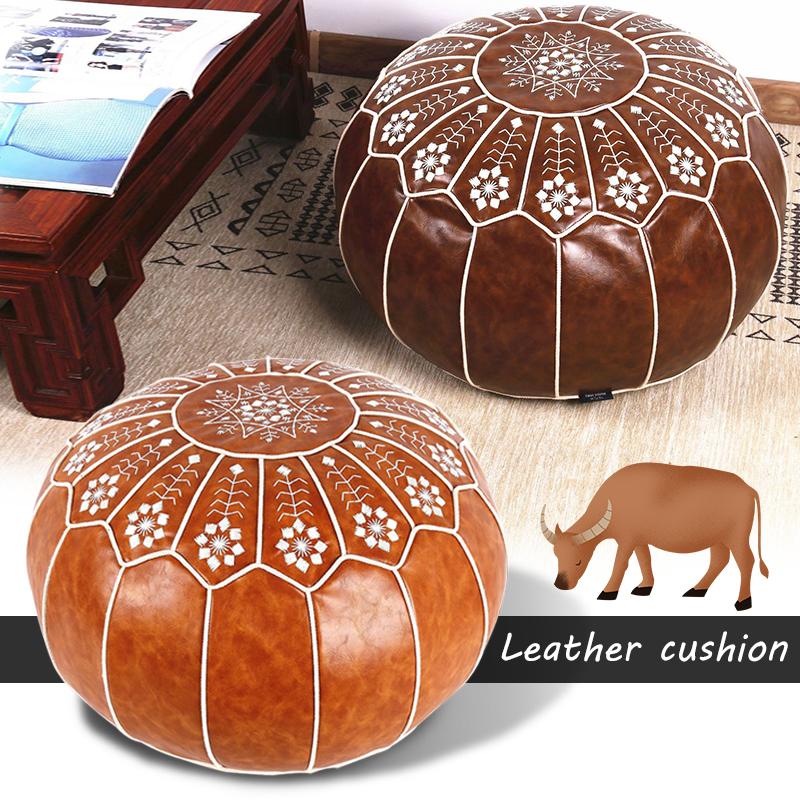 

Home Decor Moroccan PU Leather Pouf Embroider Craft Ottoman Footstool Mediterranean Style Artificial Leather Unstuffed Cushion, 01