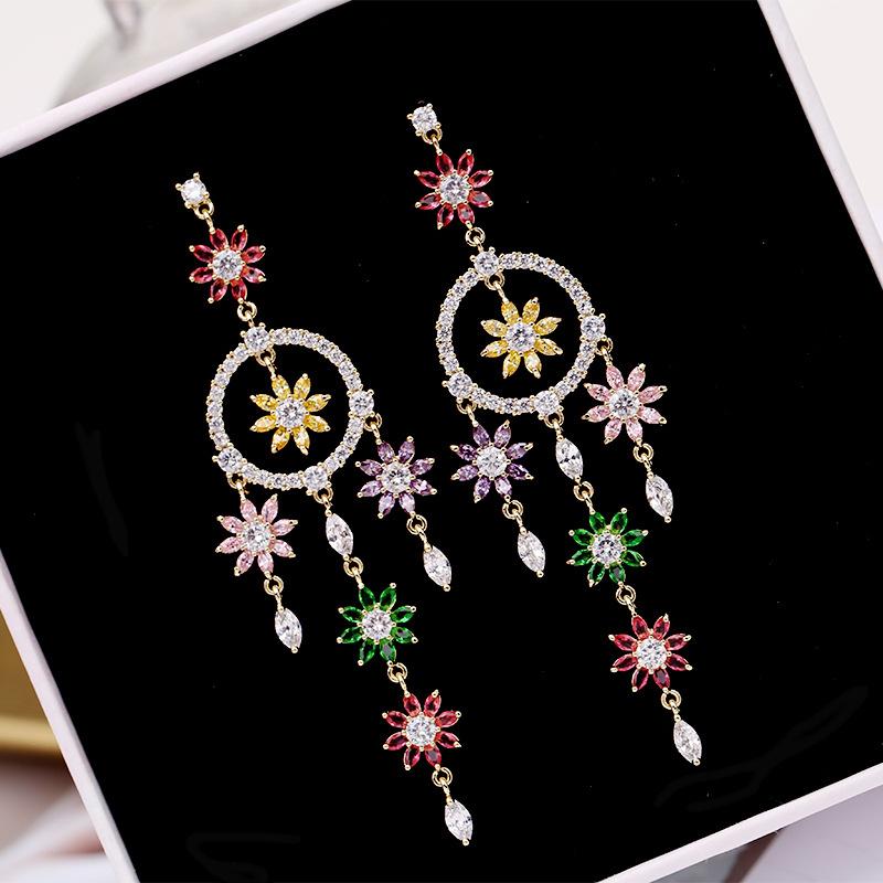 

Multi Color Zirconia Flower Dangling Stone Long Big Tassel Drop Earring for Women Luxury Cubic Zirconia Jewelry