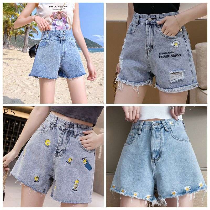Shorts en jean Nouvelle version coréenne à la taille élevée, montrant des trous minces et cassés, rouge maillé rouge, le même type de bord rugueu