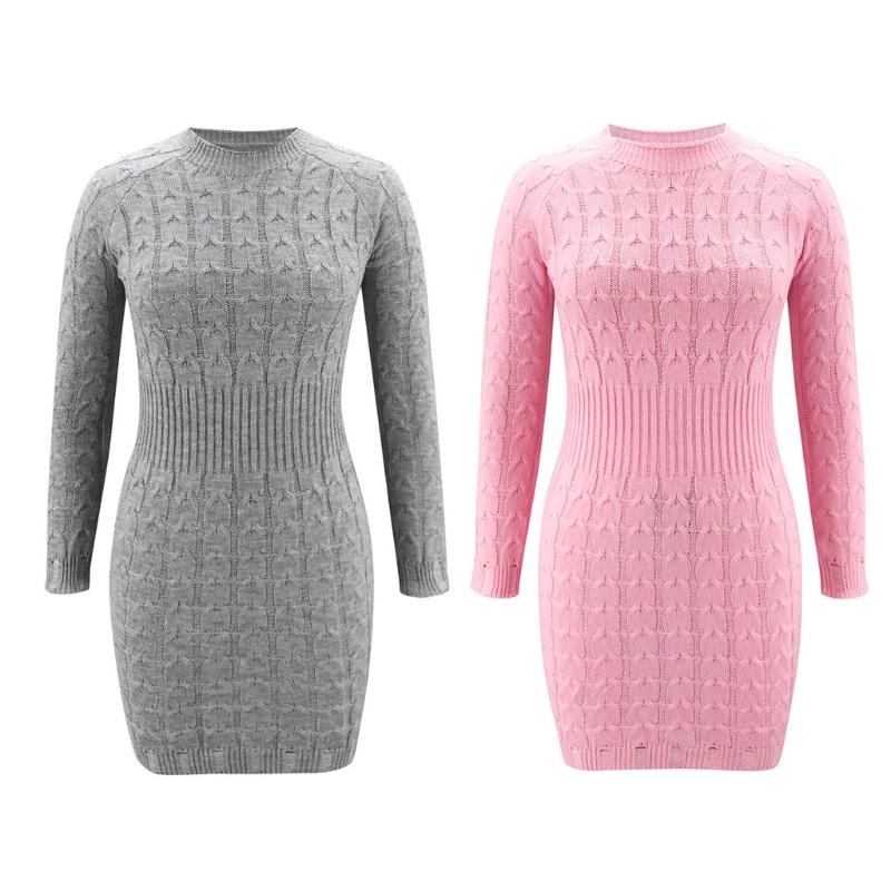 

Women Autumn Long Sleeve Twist Cable Knit Bodycon Mini Sweater Dress O-Neck Solid Color Sexy Empire High Waist Basic Jumper Stre, Pink