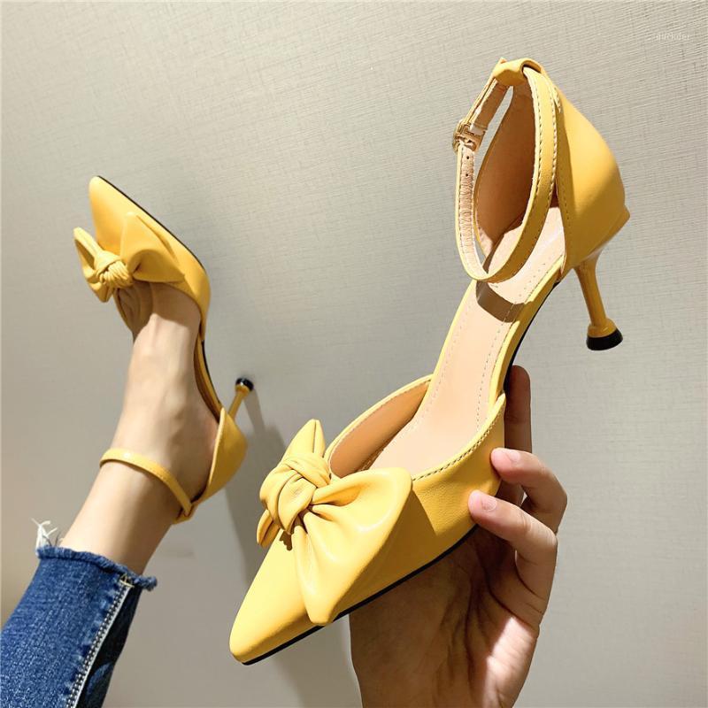 

Pointed Elegant Girls' Leather Sandals High Heels Women Bowtie Buckle Strap Summer Shoes Shallow Fashion Party Dress Shoes Woman1, Yellow