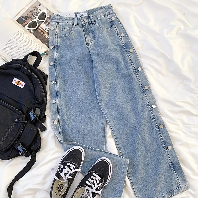 

Mooirue Winter Women Wide Leg Jeans Side Button Blue Vintage Denim Jeans Pants
