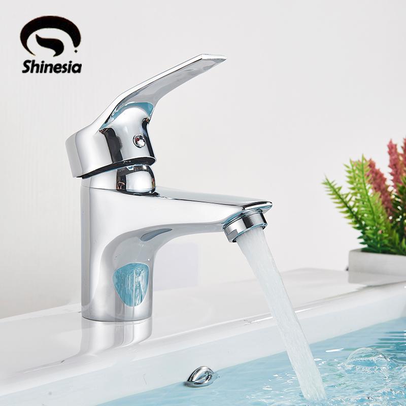 

Shinesia Short Chrome Basin Bathroom Faucet Small Deck Mounted Single Handle Single Hole Hot and Cold Water MIxer Tap
