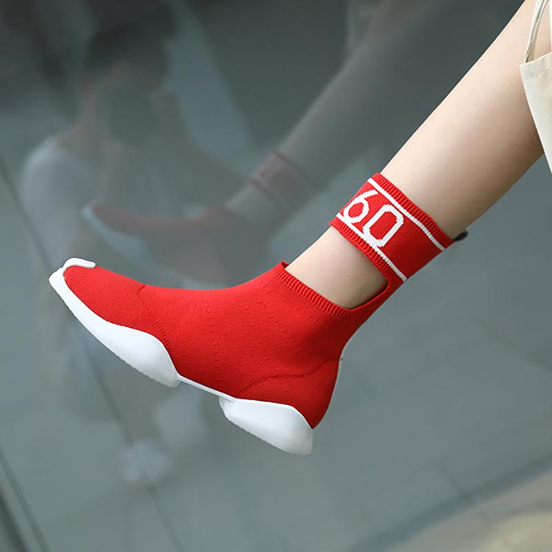 

2020 New High Top Women Sneakers 3 CM Sock Flat Shoes Breathable Knitting Ankle Boots Red Black Running Shoes for Woman