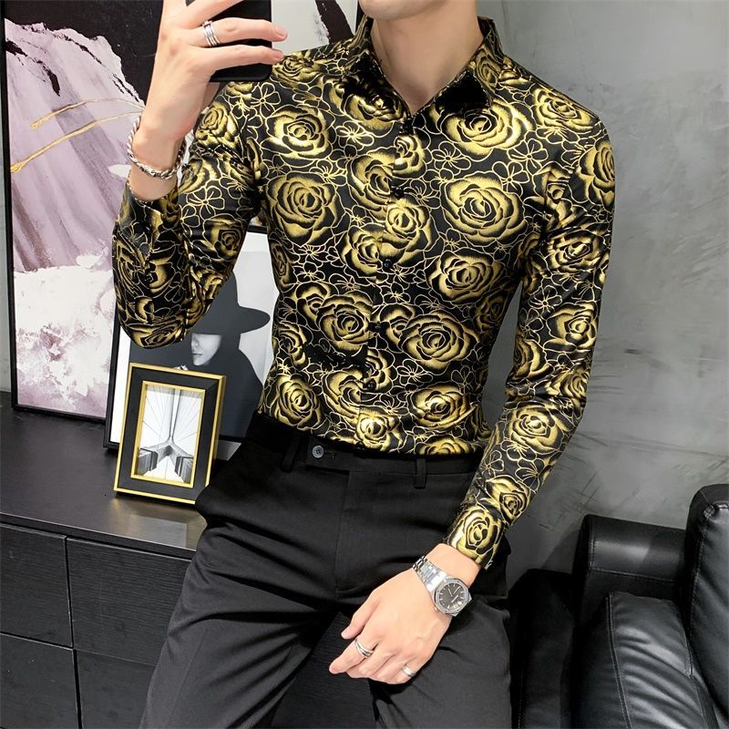 

2020 Long-sleeve High Quality of Men in the Gold-silver Flower Shirt Yw6l