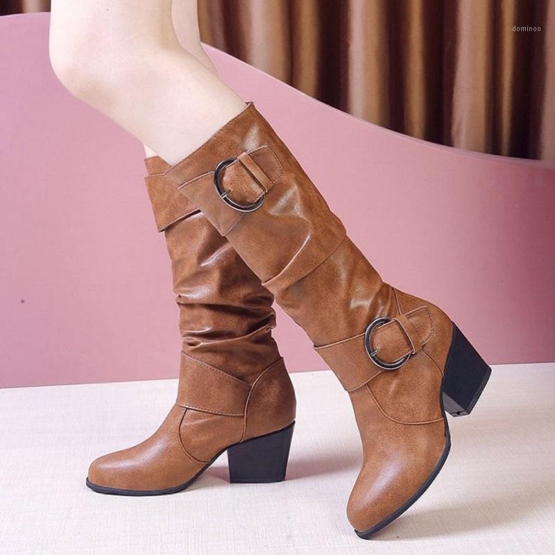 

Autumn Winter High Heels Women Shoes Pu Leather Knee High Boots Buckle Strap Platform Punk Western Ladies Long Boots1, Yellow brown