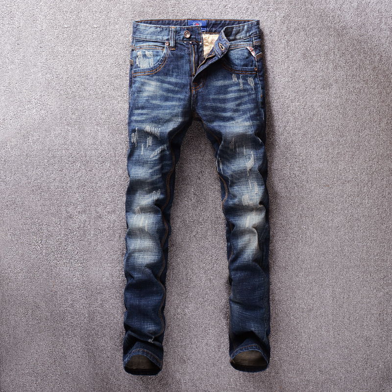 

2021 New Italian Fashion High Quality Dark Blue Slim Ft Ripped Men Elastic Denim Pants Streetwear Vintage Designer Hq88