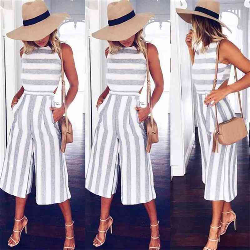 

Womens Sleeveless Striped Jumpsuit Casual Loose Trousers Fashionable Leotard Catsuit Combinaison Wide Leg Pants, Black;white