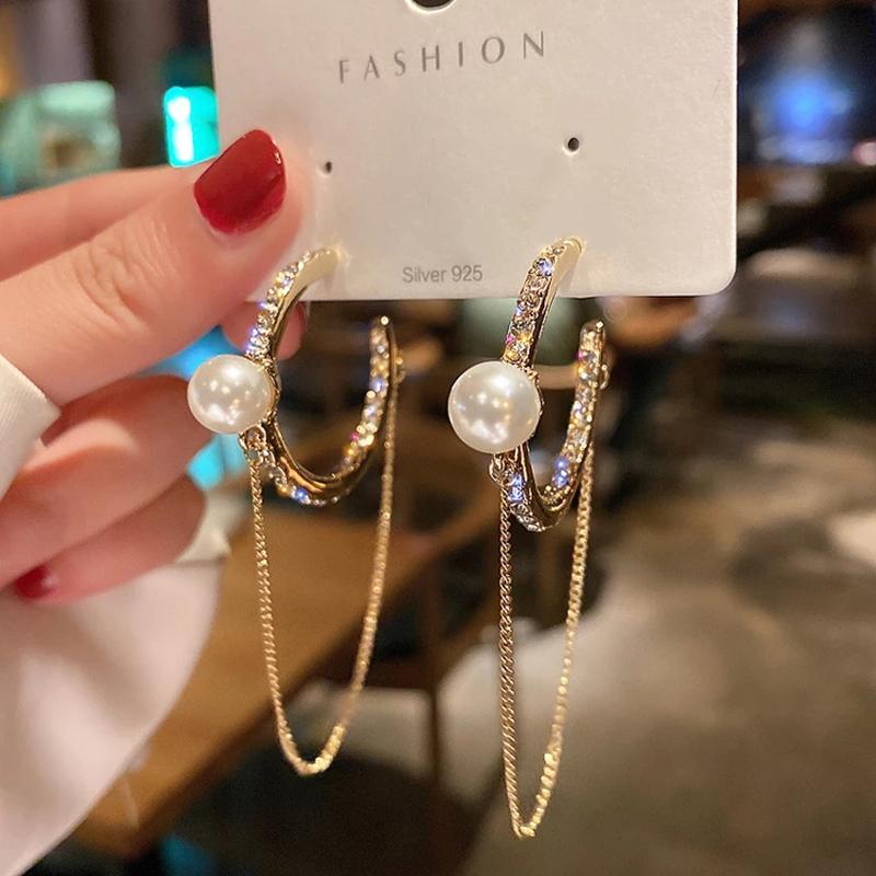 

Ladies Earrings Korean Temperament Hypoallergenic Alloy Pearl Inlaid Rhinestones Long Chain Ear Clip Bones for Women Ear Jewelry