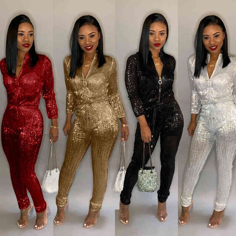 Women Plus Size Two Piece Pants Gold Silk High Waist Zip Up Long Sleeve Jumpsuit Vintage 4 Colors Rompers Playsuit S-3xl B9140
