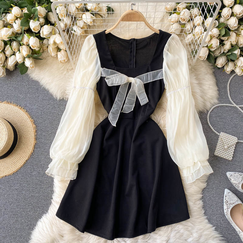 

2021 New Vintage female singiny shreds bow square puff line dressed spring all-match dress solid PY8O, Black