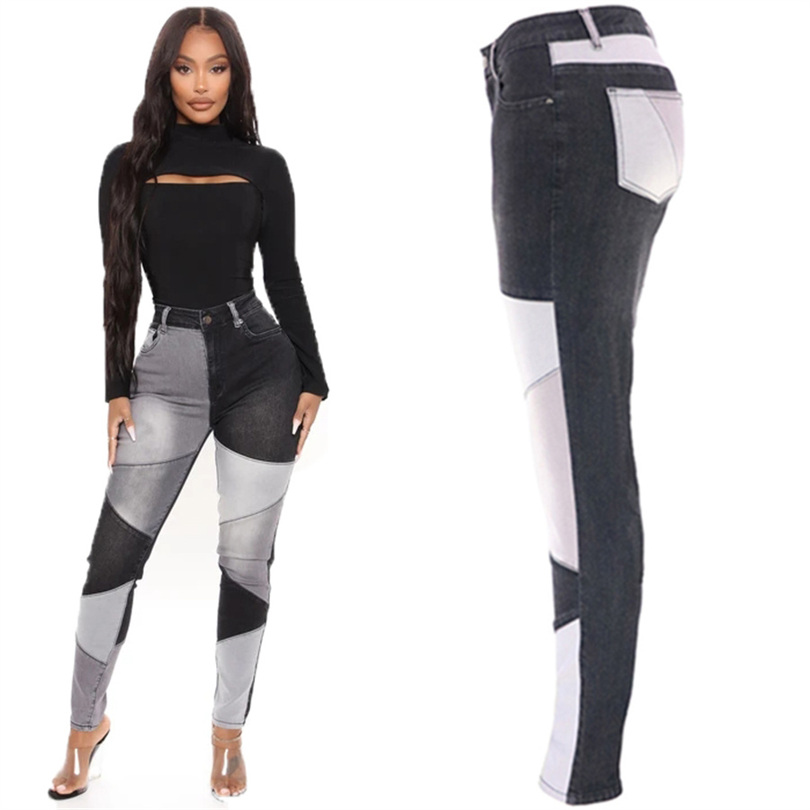 

Women Fashion Design Patchwork Skinny Jeans Spring Summer Ladies Casual Streetwear Pencil Pants High Waistline High-elastic Trousers, Blue
