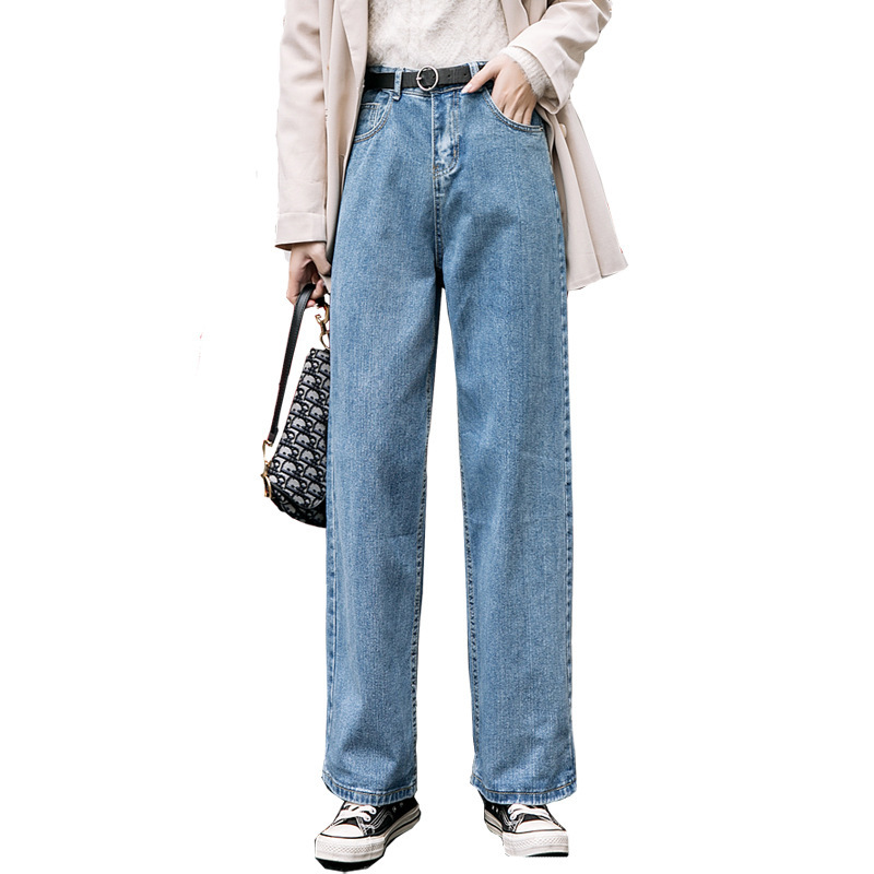 

Plus size torn leg wide brim for casual spring summer high waist blue jeans woman boyfriend straight pants TVIY