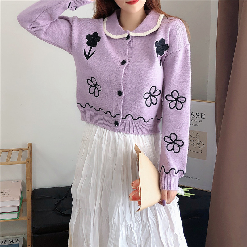 

2021 Korean Women's Jersey New Fall Long-sleeve Floral Release Short Cardigan Cozy Turtleneck Sweater Outwear Jumpers 02QD, Lavender