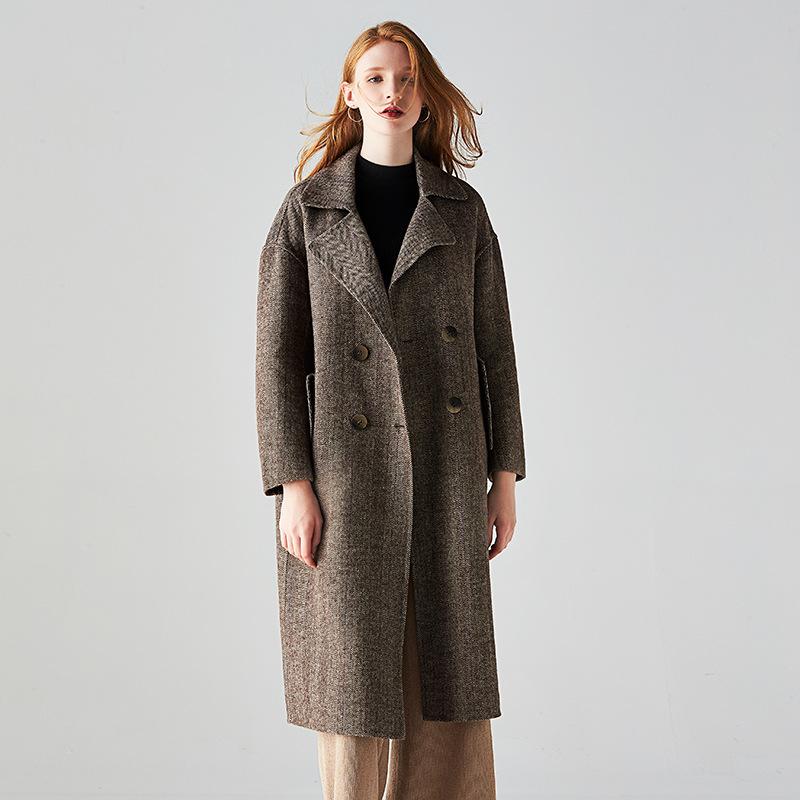 

Xuandi" autumn and winter new double faced wool coat Korean herringbone slim tweed coat, Gray.