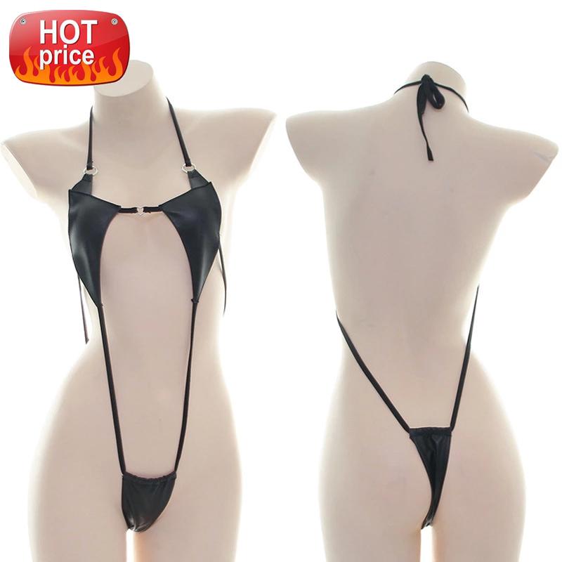 

Japanese Sexy Lingerie Exotic Cute Black Pu Leather Body Suits One Piece Micro Bikini Mini Bodysuit Bandage Slutty Clothes New #oD7N, Black;white