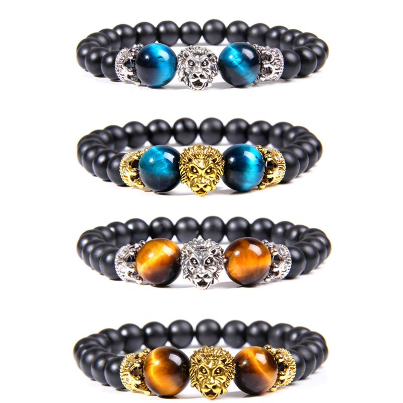 

Craft Lion Charm Bracelet Men Handmade Elastic Bracelets Women Jewelry Polished 12mm Royal Blue Tiger Eye Stone Beads Bangles