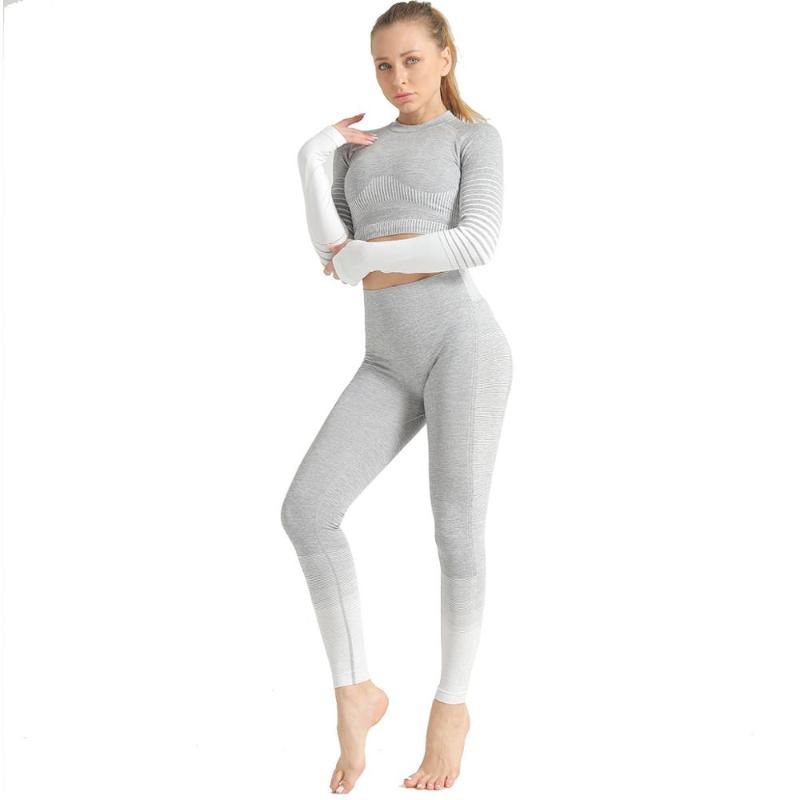 

2PCS Seamless Women Yoga Set Workout Sportswear Gym Clothing Fitness Long Sleeve Crop Top High Waist Leggings Sports Suits, Photo color