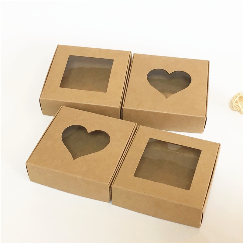 

50pcs Candy Kraft Paper Gift Boxes Clear PVC Window Gift Storage Boxes for Wedding Christmas Baby Shower Chocolate Packaging Boxes