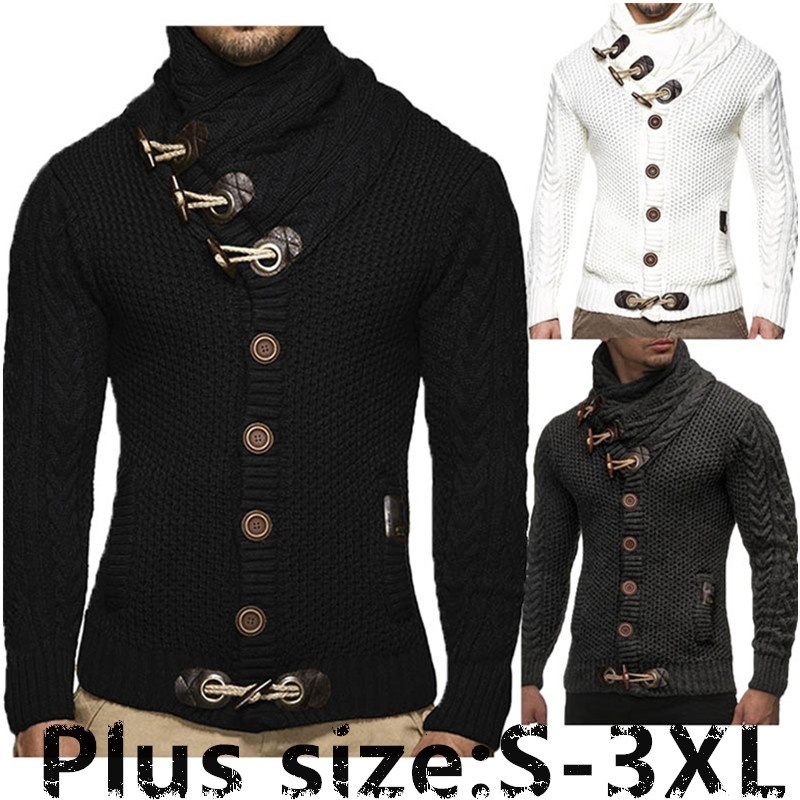 

2021 New Mens Solid Color Croissant Button Decoration Turtleneck Twisted Pattern Knitted Coat Winter Warm Sweater E67b, Red